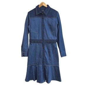 Alexander McQueen Denim Shirt‎ Dress Flared Hem Lace Waist Designer Size L